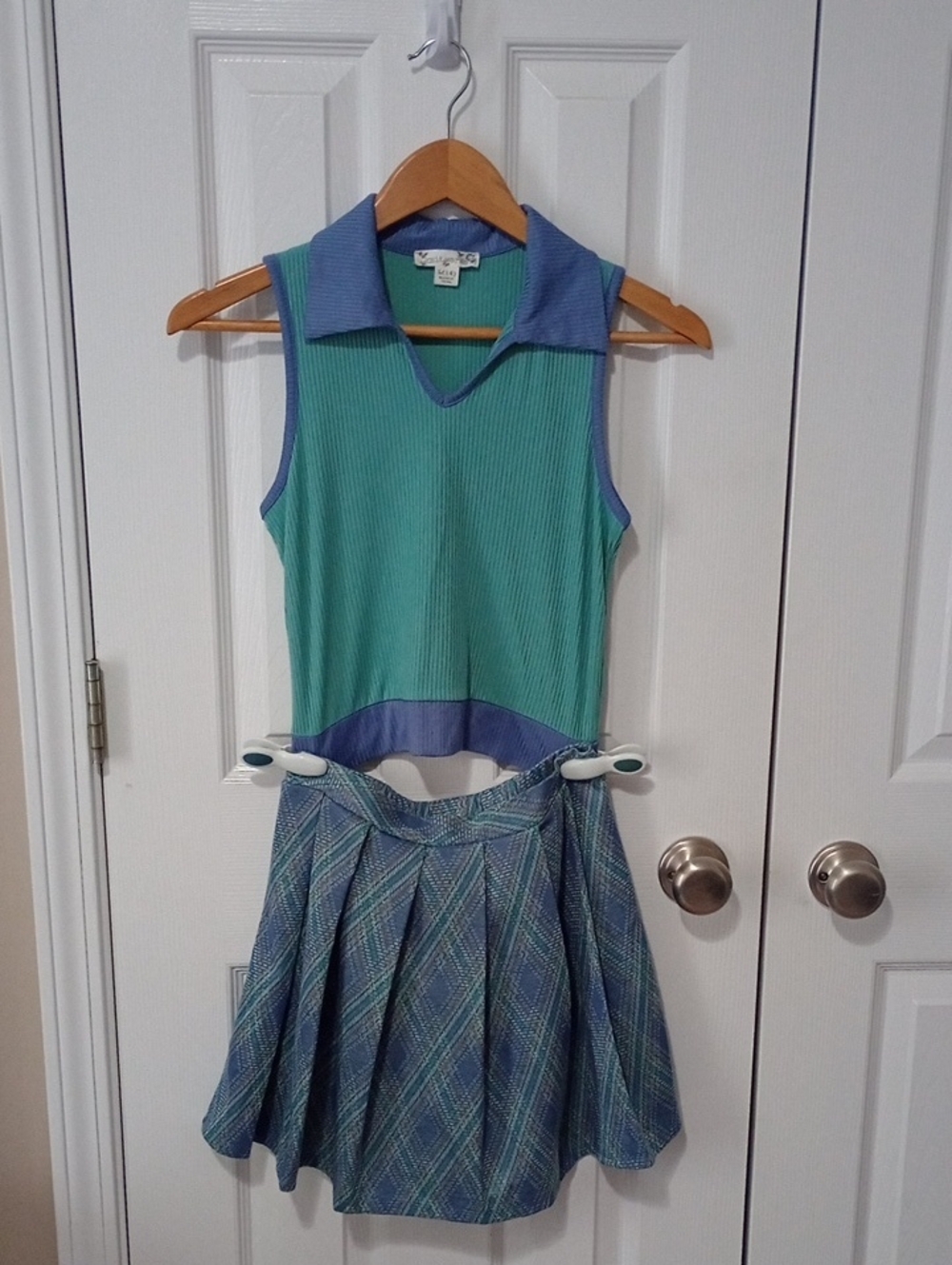 Knitworks Green & Blue Collared Knit Dress with Pleated Plaid Skirt